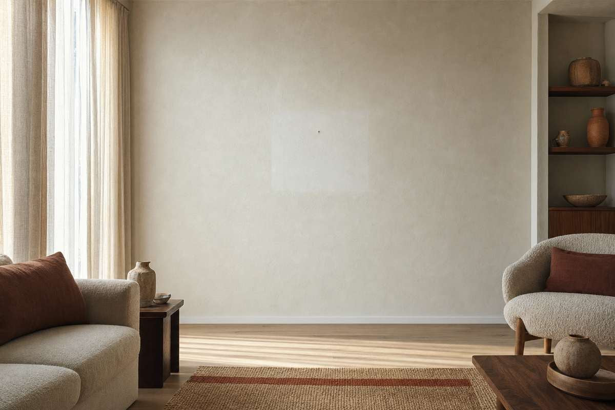 A single nail in a bare living-room wall, circled in paint, between a sofa and an armchair