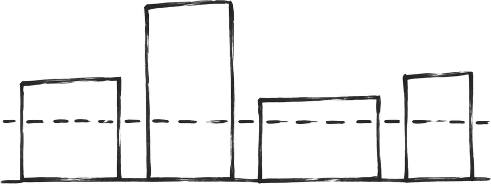 Four empty canvases in a row, drawn in marker, with an arrow from one place on the wall to the next
